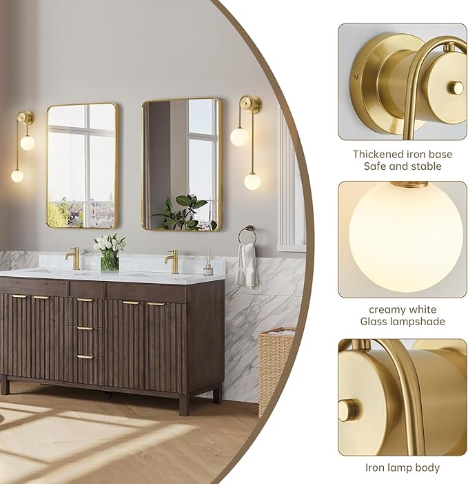 Golden Wall lamp Double Ball, mid-Century Modern Glass Wall sconces,with G9 Tricolor Bulb for Living Room Bedroom Bedside Stairs Restaurant Bathroom Corridor Aisle Lighting