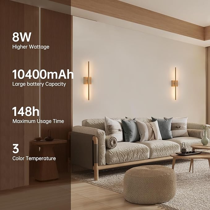 Battery Operated Wall Sconce Set of 2, 8000mAh Rechargeable Wall Sconces, 3000K-6000K Dimmable, 350°Rotate, Indoor Wall Lights for Bedroom Living Room, Original Wood, 23.6 Inch
