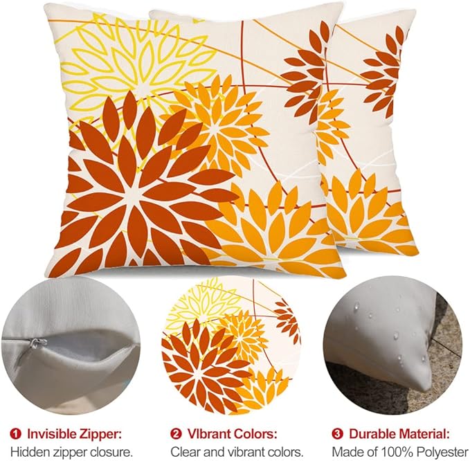 Brown Yellow Fall Pillow Cover 18X18 Inch Set of 2 Outdoor Waterproof Floral Brown Decorative Pillowcase Decor for Couch Patio Funiture Garden Print Polyester Cushion Cover 01M18