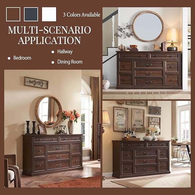 Farmhouse 9 Drawers Dresser for Bedroom, 60" Wide Wood Rustic Chest of Drawers, Large Storage Dressers Organizer for Bedroom, Living Room, Hallway, Dining Room-Brown