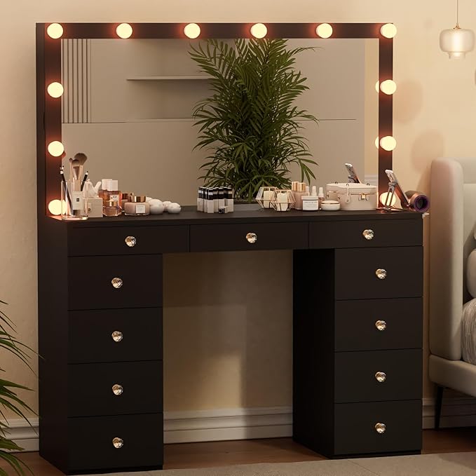 Likein Vanity Desk with Mirror and Lights, Black Vanity with Hidden Jewelry Storage Cabinet, Charging Station, 11 Drawers Makeup Vanity with Lights, Crystal Knobs, 3 Color Lighting Modes for Girls