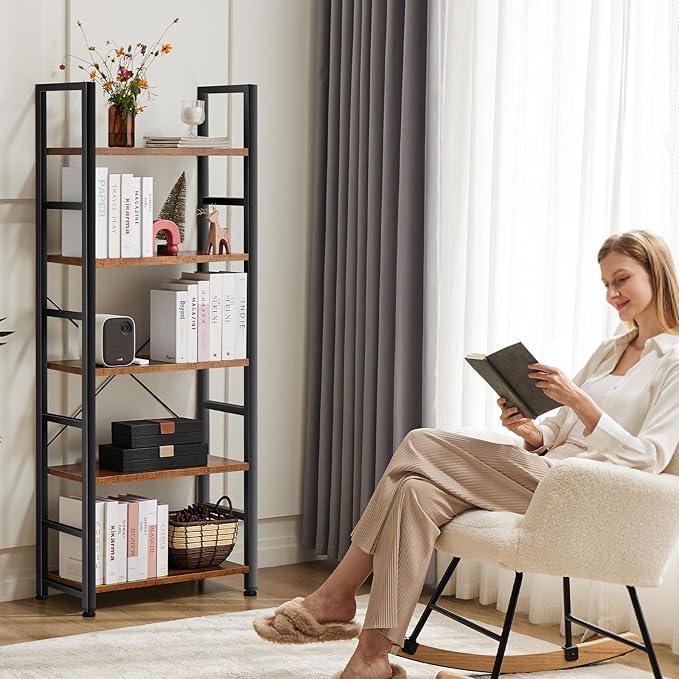 Sweetcrispy Book Shelf, 5 Tier Bookcase, Modern Tall Bookshelf Corner Storage Organizer for Garage Kit, CDs, Movies Suitable Home Office Bedroom, Kitchen, Living Room - Brown