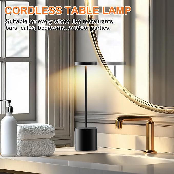 Rechargeable Table Lamp –Outdoor Touch Cordless Desk Lamps, 5000mAh Battery Operated Lamp with 3-Color Dimmable Light, Portable LED Lamp for Bedroom, Dining Room, Patio, Outdoor (Black)