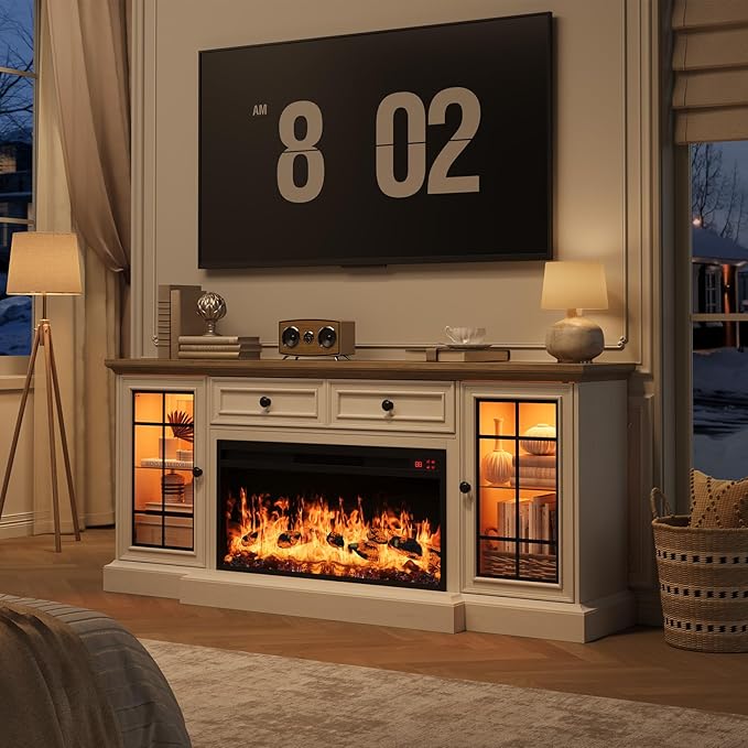 Fireplace TV Stand Up to 80" TVs, 70'' Modern Entertainment Center with 36" Electric Fireplace & LED Lights, Farmhouse Media Console with Storage Cabinet & Drawer for Living Room, Antique White