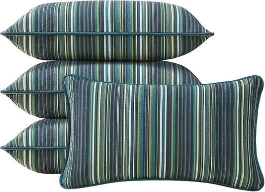 Sunbrella Decorative Outdoor Water Repellent Throw Pillows with Inserts, Set of 4, 20" x12" Pillows for Patio, Backyard, Bed, Couch, and Patio Furniture, Beach Stripe Lagoon