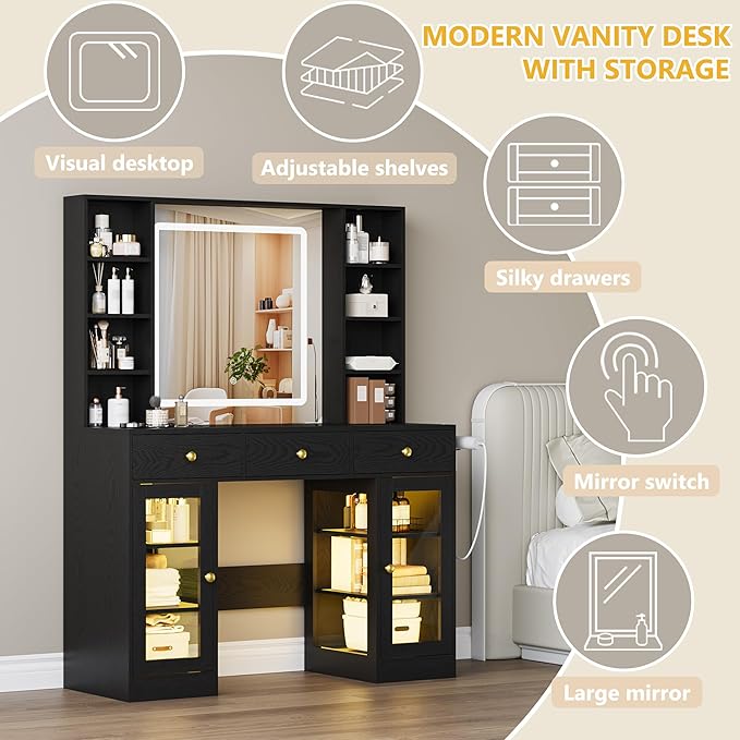 Vanity Desk with Mirror and Lights, Black Makeup Vanity with Glass Top & Drawers, 3 Lighting Modes, Power Outlet, RGB Glass Cabinets, Modern Dressing Table for Bedroom, Girls, Women, Teens