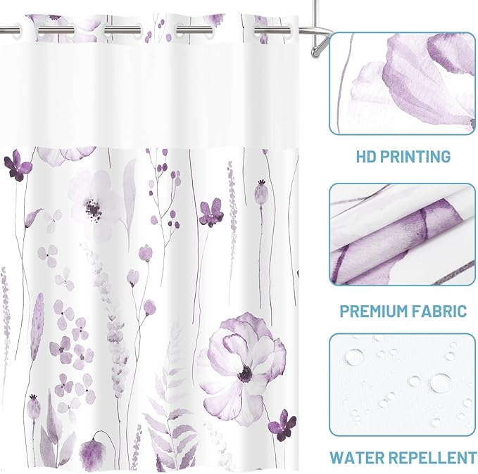 No Hook Shower Curtain with Snap in Liner - Floral Shower Curtain - Fabric Waterproof Inner Liner, Plants Watercolor Plum Modern Cloth Shower Curtains - Machine Washable, 71 x 74