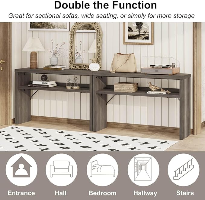 BON AUGURE Sofa Console Table, Wood Entryway Table, Grey Behind Couch Tables with Open Storage, Modern Narrow Hallway Tables (Greige Oak, 47 Inches)