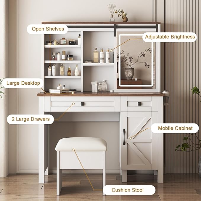 Vanity Desk and Chair Set with Sliding Mirror and Lights, 42" Glass Top White Vanity with Power Outlet, Makeup Vanity Table with 3 Color Modes Adjustable Brightness, Dressing Table for Bedroom