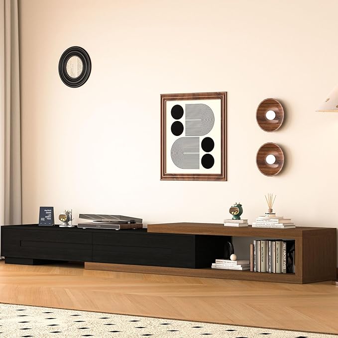 82-115" W Extendable TV Stand for TVs up to 120", Wood Modern Entertainment Center with 2 Large Drawers, Media Console Table for Living Room, Black