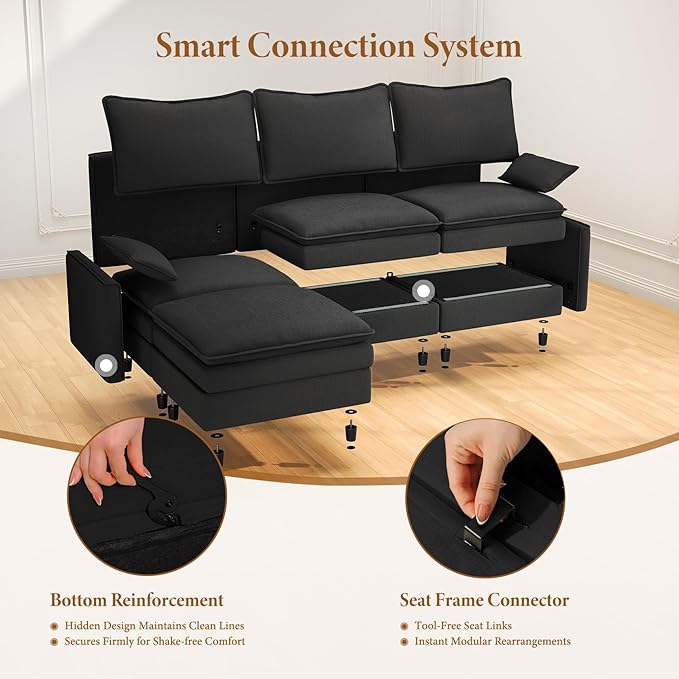 Vesgantti 142" Cloud Couch Sectional Modular Sofa, Comfy Sectional Couch with Ottoman Deep Seat Chenille L Shaped Sofa, Modular Couches for Living Room, Bedroom and Apartment, Black