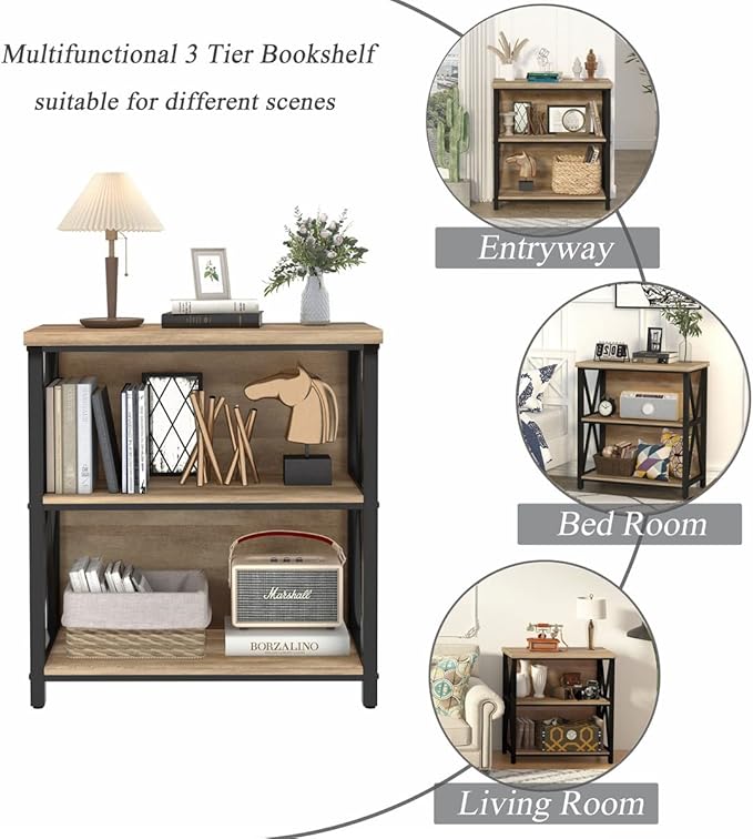 FATORRI Small Bookcase, Wood and Metal Low Short Bookshelf, Industrial Book Case and Rustic Book Shelf for Small Space (Rustic Oak)