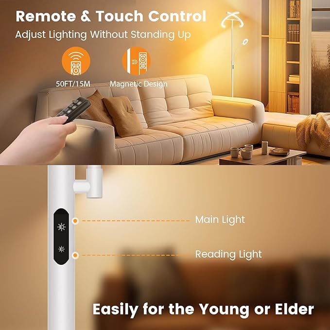 White LED Floor Lamp - Dimmable 2 Lights Standing Lamp with Remote&Touch Control, 4 Color& 10 Brighness Adjustable Floor Reading Light, Modern Tall Lamp for Living Room Bedroom Office Corner