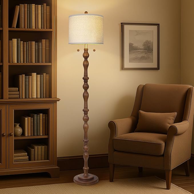 65.5" Natural Real Wood Floor Lamp with S Cluster Pull Chains Dual Switch,Wood Base Standing Lamp,Rustic Tall Lamp with Linen Shade,Farmhouse Floor Lamp for Living Room,Bedroom,Office(Bulb Included)