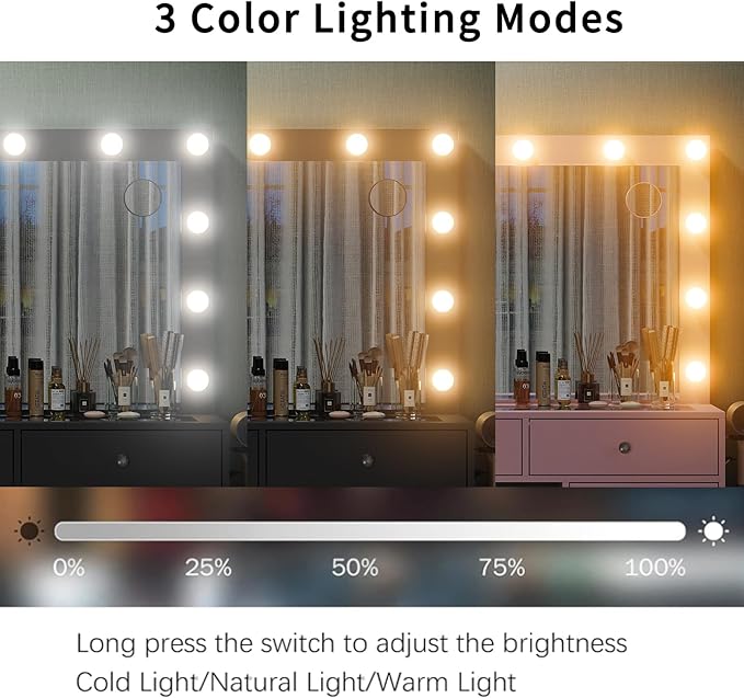 Vanity Desk, 11 Drawers Makeup Vanity with Power Outlet, Vanity Table with Mirror and Lights, 3 Color Lighting Modes, Dressing Table for Bedroom (Black)