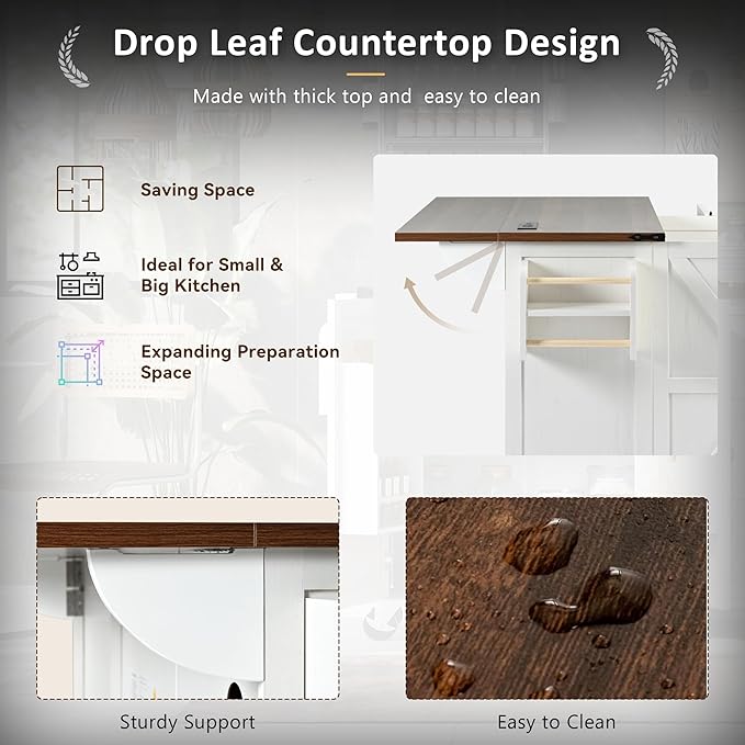 Farmhouse Kitchen Island Breakfast Bar with Drop Leaf, Power Outlet, Rolling Island Cart on Wheels Unfold Table with 3 Drawer, Srotage Cabinet, Spice Rack, Towel Rack(White)