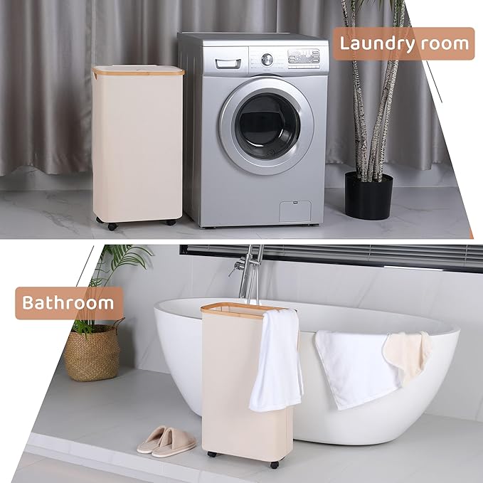 Slim Laundry Basket with Wheels,Narrow Hampers for Laundry,Freestanding Laundry Hamper with Lid&Bamboo Handles,Collapsible & Waterproof Tall Cloth Hamper for Dorm Family(60L Beige)