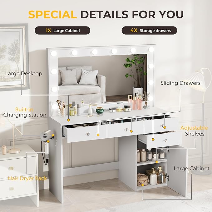 Vanity Desk with Mirror and Lights, 41.4'' Makeup Vanity Desk with 4 Drawers and Large Cabinet, 3 Lighting Modes Adjustable Brightness, White Vanity with Power Outlet for Bedroom