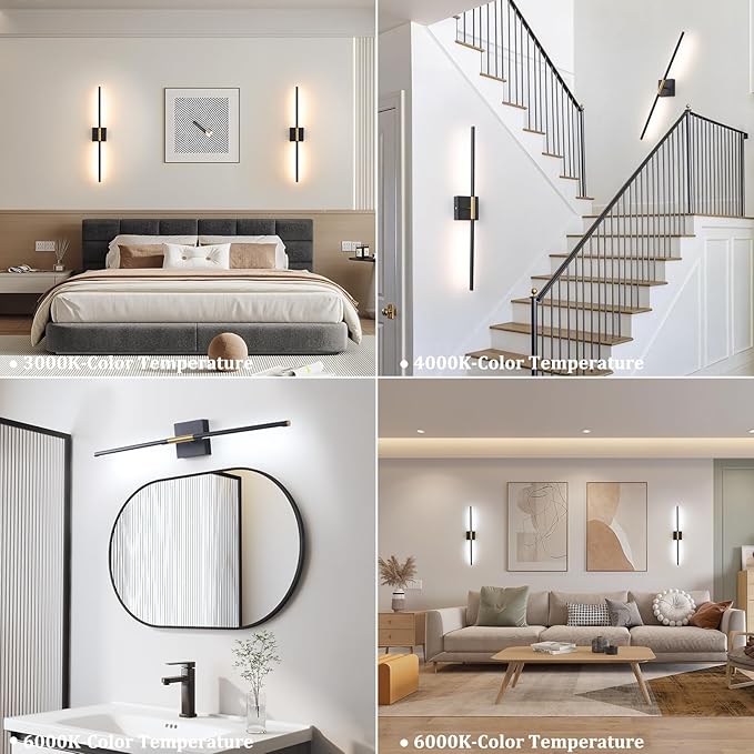 Battery Operated Wall Sconce Set of 2, 10400mAh Wireless Wall Sconces, 3000K-6000K Dimmable, 350°Rotate, Indoor Wall Lights with Remote for Bedroom Living Room Bathroom, Black Gold, 31.5 Inch