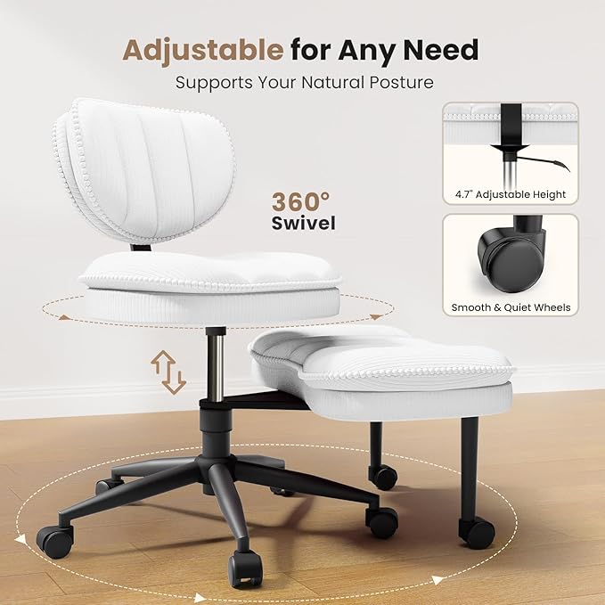 Cross Legged Office Chair, Ergonomic Cloud Criss Cross Desk Chair, Meditation Chair with Wheels, Height Adjustable Seat for ADHD, Wide Kneeling Chair with Back Support, Corduroy Fabric, White