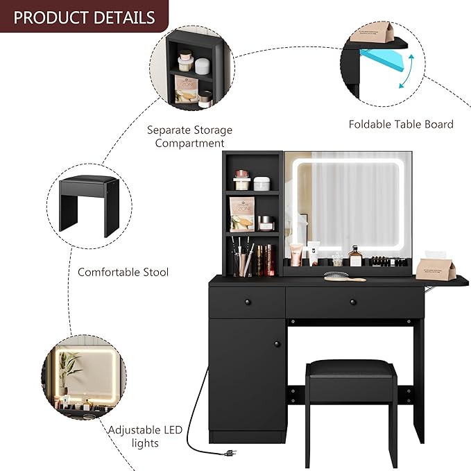 GarveeHome Makeup Vanity Desk with Mirror and Lights, Vanity Table Set with Drawer & Power Outlet ＆ Chair & 3 Shelves, Bedroom, Black