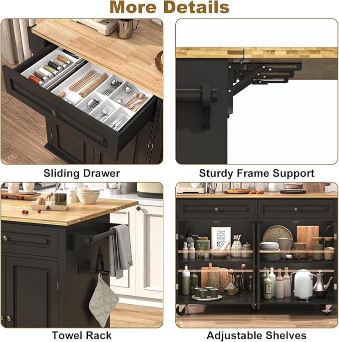 59" W Rolling Kitchen Island with Drop Leaf – Movable Kitchen Carts on Wheels Island with Storage Cabinet, Island Table for Kitchen with Rubber Wood Top and Rack and Drawer, Matte, Black
