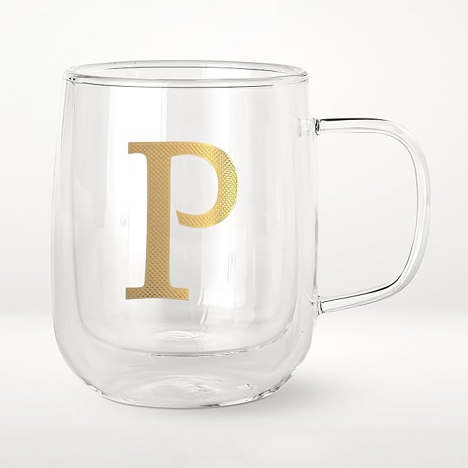 COLLECTIVE HOME - Double Walled Glass Coffee Mugs, Insulated Coffee Mug with Handle, Personalized Gifts for Women, Men, Christmas, 14 oz Monogram Cups (P)
