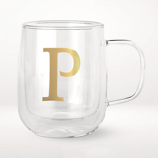 COLLECTIVE HOME - Double Walled Glass Coffee Mugs, Insulated Coffee Mug with Handle, Personalized Gifts for Women, Men, Christmas, 14 oz Monogram Cups (P)