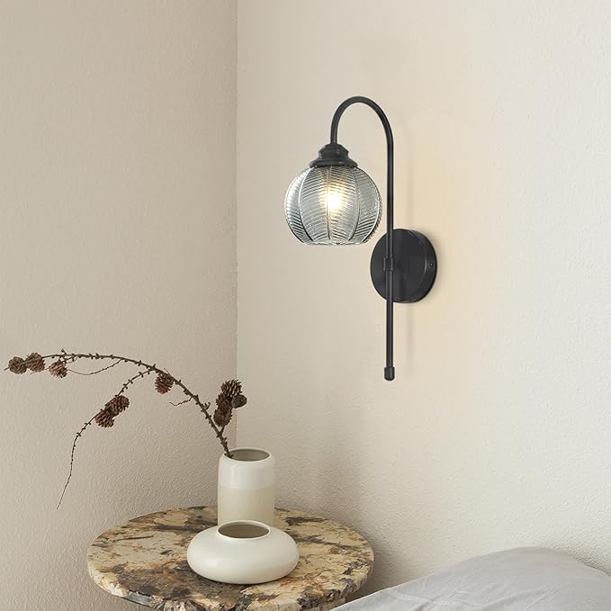 KCO Lighting Modern Glass Globe Wall Sconce Smoke Gray Glass Vanity Light Long Black Wall Sconces Set of Two Industrial Mid Century Wall Sconce Bedroom Wall Lamps Hardwired