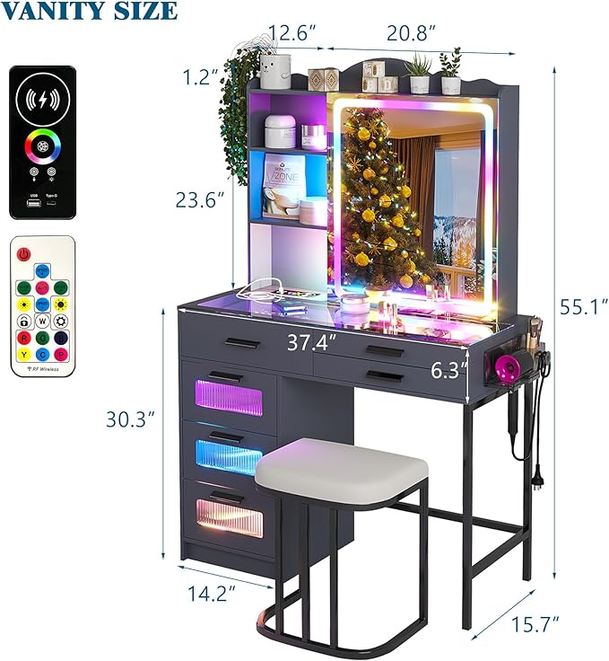 RGB Vanity Desk with Sliding Mirror and Lights, LED Makeup Vanity with Charging Station/Motion Sensor Light, Glass Top Dressing Table Set with Jewelry Box,6 Drawers,Stool for Bedroom(Grey)