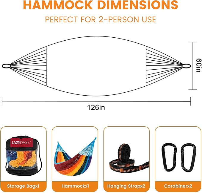 Lazy Daze Hammocks Handwoven Mayan Hammock, 10.5 FT Soft Rope Double Hammocks, Portable Outdoor Hammock with Carry Bag, 2 Straps & carabiners for Patio Outside, 550 lbs Weight Capacity, Rainbow