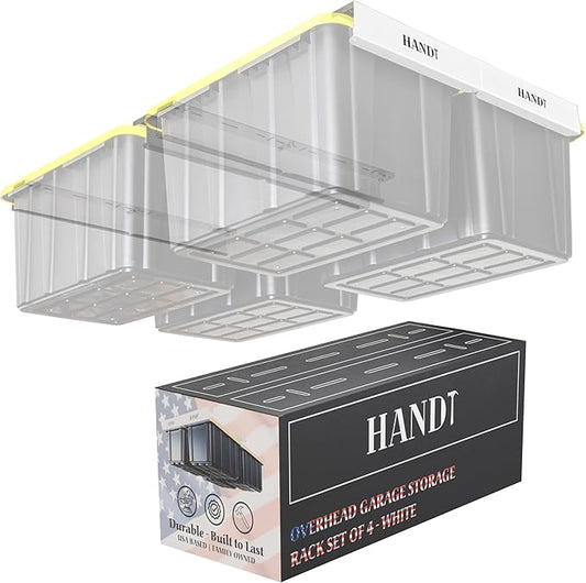 HandT USA Based Overhead Garage Storage Rack, Ceiling Tote Bin Organization Rails Shelving Racks System, Heavy Duty Hanging Metal Rack Systems for 27 Gallon Container, Supports Most Bins, 4 Sets White