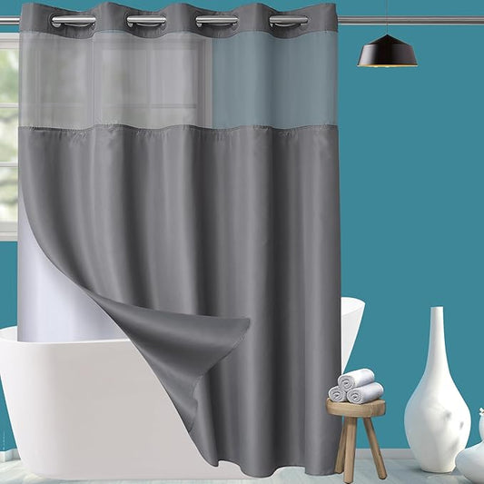 Extra Long No Hook Shower Curtain with Snap in Liner Set, Hotel Luxury Grey Fabric Shower Curtains for Bathroom with See Through Top Window, Washable, Waterproof 71W x 84H