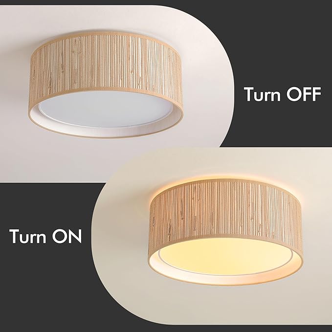 WINGBO 15.7" Modern 3-Light Flush Mount Ceiling Light Fixture with Fabric & Acrylic Double Drum Shade for Bedroom Living Room Dining Room Hallway Entryway, Wood Grain