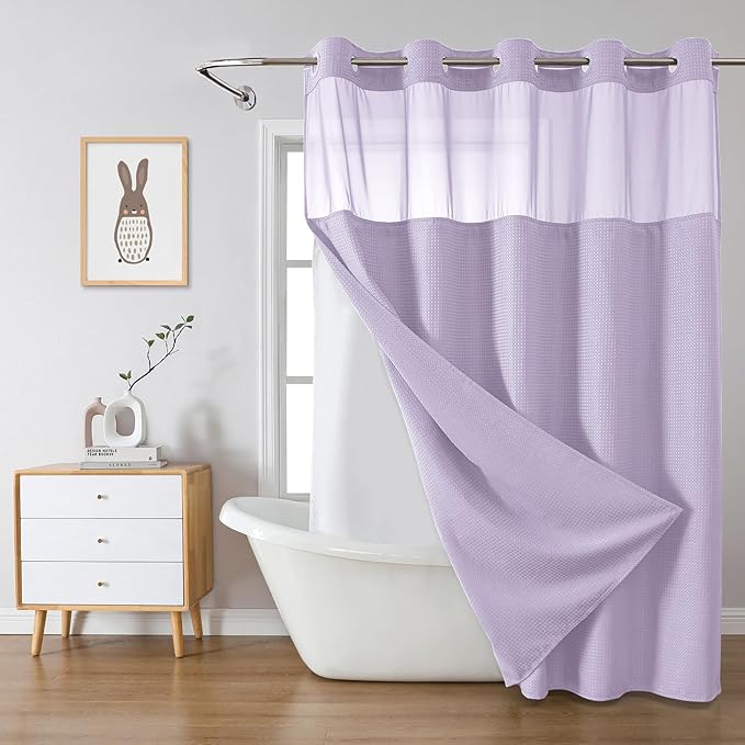 Lavender Long No Hook Waffle Weave Shower Curtain with snap-in Liner Replacement, 230GSM Waterproof Fabric Hotel Shower Curtain Set for Bathroom, Through Mesh Top Window,71Wx80H