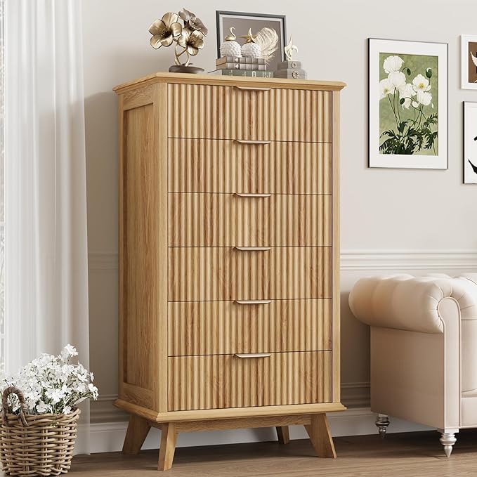 QUW Fluted 6 Drawer Dresser for Bedroom, Modern Tall Chest of Drawers with Metal Handle, Large Wood Storage Chest Organizer Accent Storage Cabinet for Living Room, Hallway, Entryway, Natural Oak