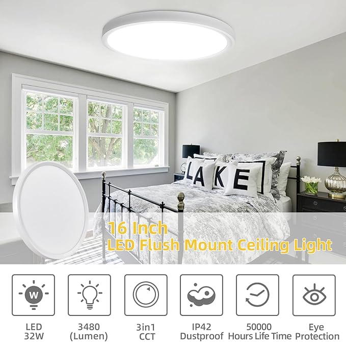 Led Flush Mount Ceiling Light,16 Inch 32w 3480lm,3000k/4000k/6000k 3CCT Selectable, Round Modern Flat Panel Super Slim Led Ceiling Light,for Living Dining Kitchen Bedroom Room (2Pack-White)