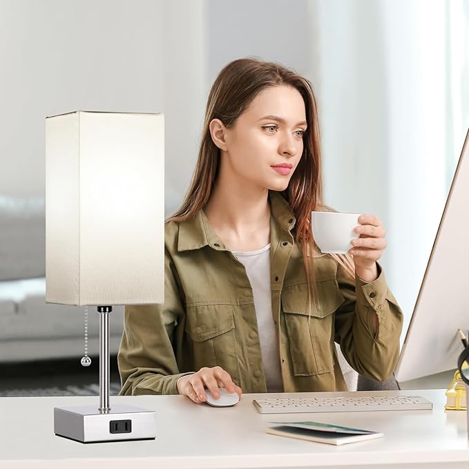 Dott Arts Touch Control Bedside Lamp, 3 Way Dimmable Nightstand Lamp with 2 USB Ports & AC Outlet, Modern Style, White Fabric Shade