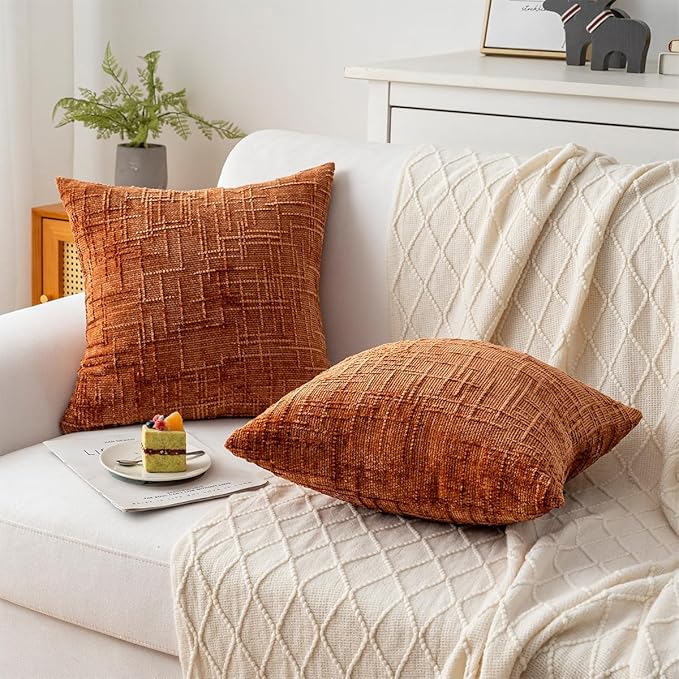 Decorative Throw Pillow Covers 18x18 Inch Set of 2, Soft Solid Farmhouse Chenille Couch Pillows, Spring Pillow Covers for Couch Sofa Bed Living Room Home Decor Pillowcase, Rust