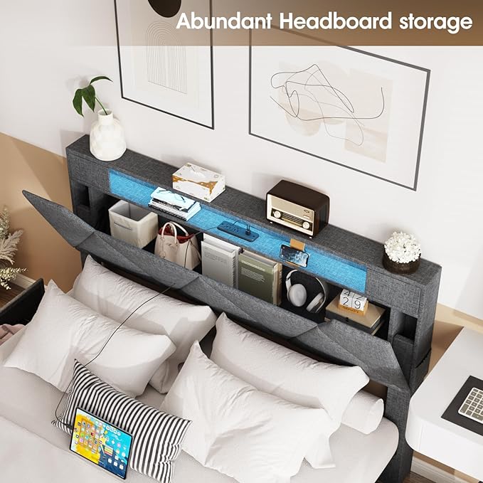 Vabches Queen Bed Frame with Storage Headboard and 4 Drawers,Upholstered Platform with Charging Station and Led Lights,Adjustable Headboard,No Box Spring Needed,Dark Grey