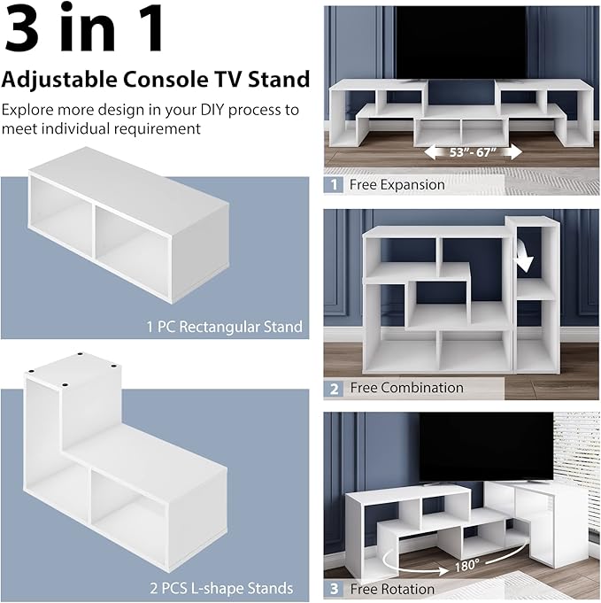 Tangkula 3 Pieces Console TV Stand, Free-Combination Entertainment Center for 50 55 60 65 Inch TV, Minimalist Modern TV Media Stand, DIY Open Storage Bookcase Shelf for Living Room (White)