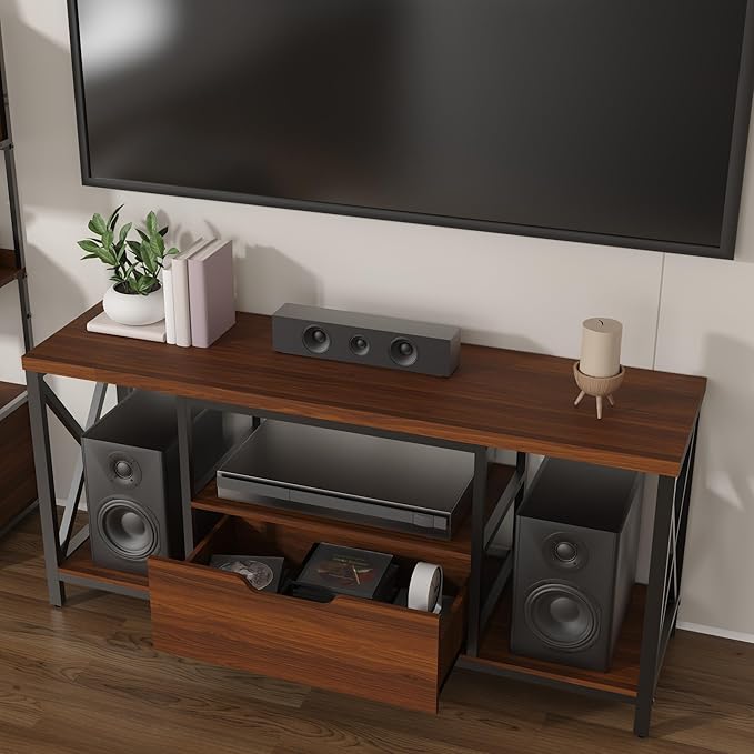 TV Stand with Drawer for TVs up to 60 Inch, Industrial TV Console Table with Open Storage Shelves, Modern Entertainment Center for Living Room, Brown