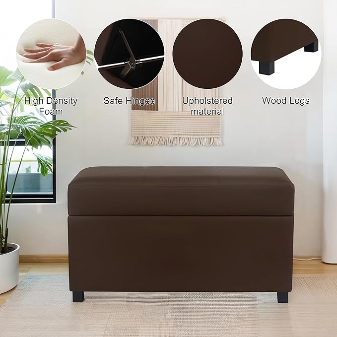 Asense Storage Ottoman Bench –32 Inch Stylish Compact Design with Storage, Extra Seating & Modern Leather Appeal for Living Room, Bedroom， Entryway， Espresso Brown