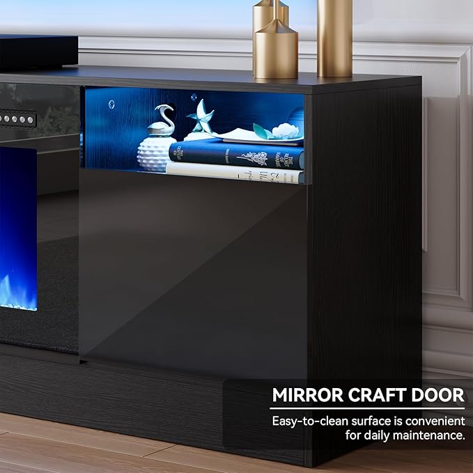 oneinmil 70” TV Stand with 36” Electric Fireplace, Large Modern Media Entertainment Center with Storage Cabinet and 12 Colors LED Lights for TVs Up to 80", Black TV Stand and Black Fireplace
