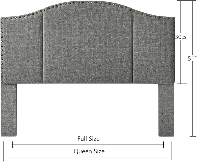 24KF Middle Century Linen Upholstered Tufted Queen Size Headboard with Antique Brass Nail Heads Trim Queen/Full headboard-Granite