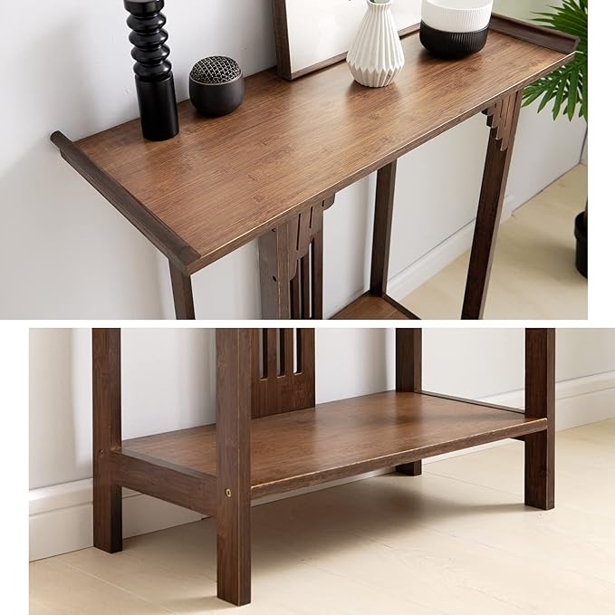 2 Tier Console Table Small Entryway Table for Narrow Spaces, Solid Wood Sofa Table Accent End Table with Curved Frame for Entryway Hallway Living Room Front Door