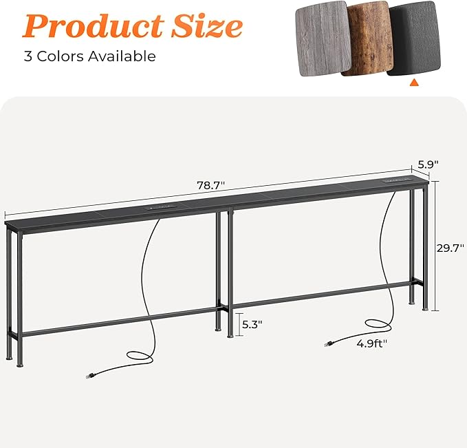 SUPERJARE 79 Inch Sofa Table with 2 Power Outlets and USB-C Ports, 5.9 Inch Narrow Console Table with Storage, Long Entryway Hallway Couch Table Behind Sofa, Small Spaces, Living Room, Black