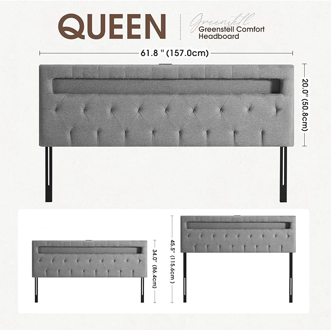 GREENSTELL Headboard for Queen Size Bed with 60,000 DIY Color of LED Light, USB & Type C Post, Attach Frame, Height Adjustable, Gray Wall Mounted Head Boards Only, Sturdy & Stable, Comfortable, Queen