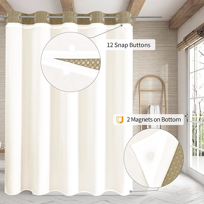 MitoVilla No Hooks Needed Beige Waffle Shower Curtain with Snap-in Liner, Modern Waffle Weave Heavy Duty Fabric Cloth Shower Curtain for Luxury Neutral Hotel Spa Bathroom Decor, 72 x 74, Beige/Khaki