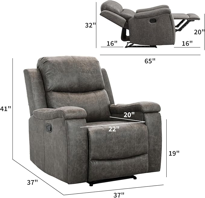 CANMOV Leather Recliner Chair Set of 2, Classic and Traditional Manual Recliner Chair with Overstuffed Arms and Back, Manual Single Sofa with Concealed Cup Holders,Grey